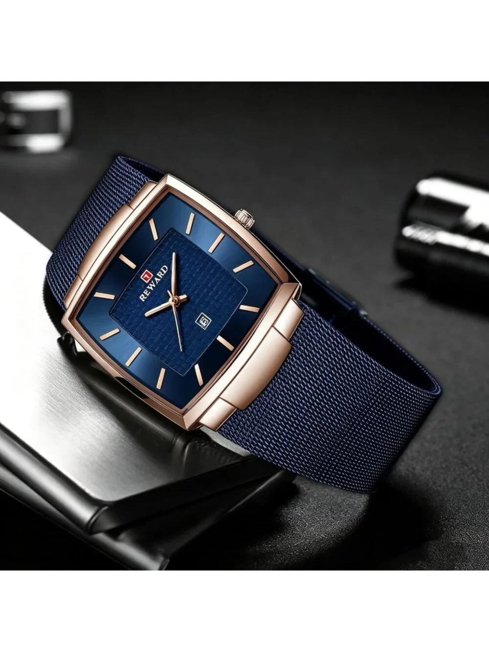 Men's Blue Gold Square Analog Quartz Stainless Steel Mesh Strap Wrist Watch